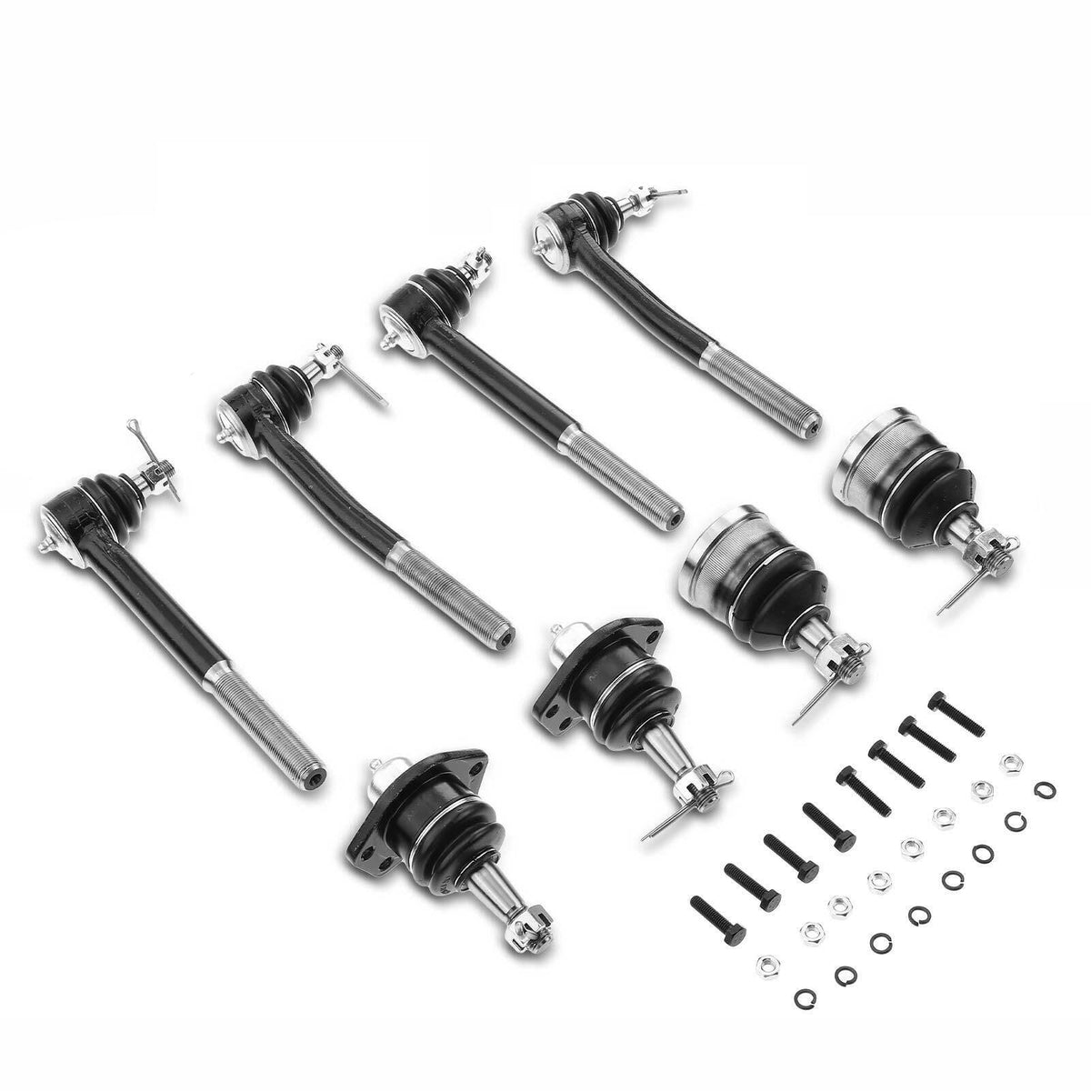 thumbnail interactive-video image 1 of 8-Piece Front Inner & Outer Tie Rod Ends + Ball Joints Fit 2007-2018 Jeep Wrangler JK – Greasable, Alloy Steel, Bolt-On 1 of 5
