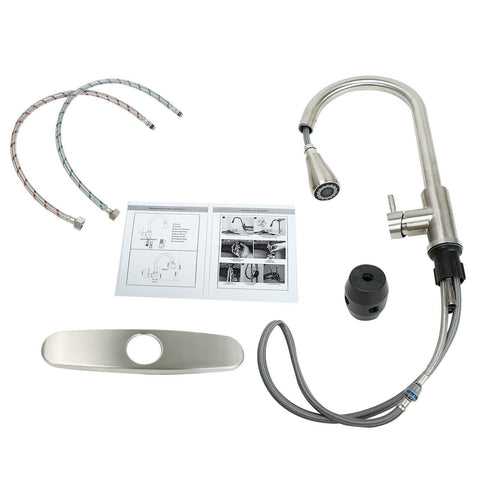 Brushed Nickel Kitchen Sink Faucet Pull Out Sprayer Mixer Single Hole+10‘’ Cover