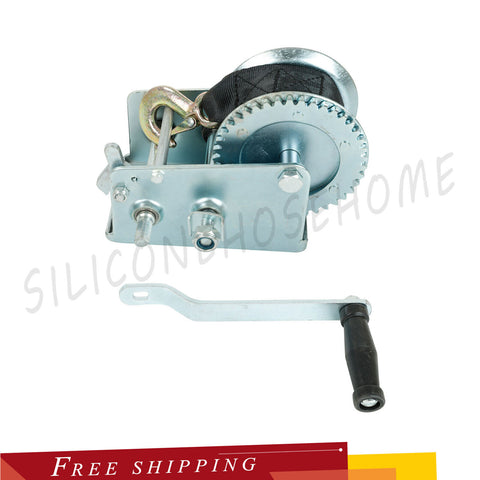 3500lbs Dual Gear Hand Winch Hand Crank Nylon Strap ATV Boat Trailer Winch