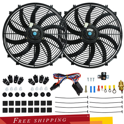 2X 16'' Electric Radiator Fan+High 1000 CMF Thermostat Wiring Switch Relay Kit