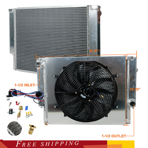 For 1967-1969 Chevy Pontiac / Camaro Firebird Aluminum Radiator 3 Row Shroud Fan