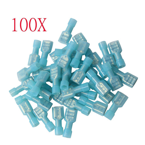 100X 1/4" Fully Insulated Blue Female Electrical Spade Crimp Connector Terminals