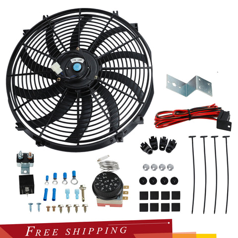 16" Slim Push Pull Car Radiator Fan + Thermostat 3-Pin Control Relay Wire Kit