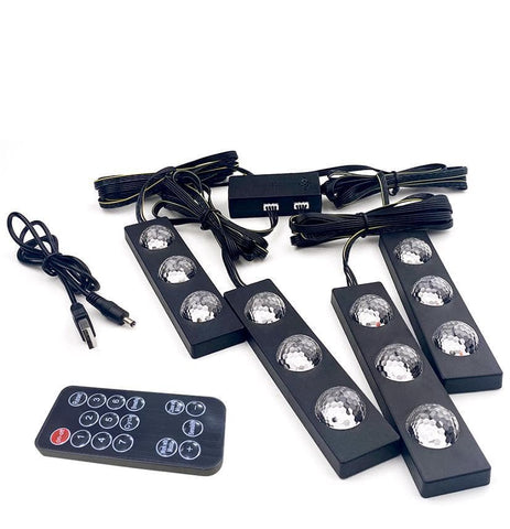 4PCS Car Interior LED Lights USB Multicolor Under Dash Starlight Lighting kits RGB 12 LED with Music Sound Active Function Wireless Remote Control