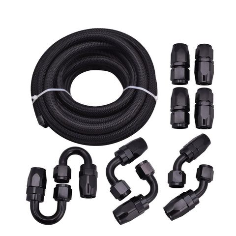 SPELAB 16Ft/5 Meter AN8/AN10 Nylon Braided Black Hose Oil Fuel Hose Line +Oil Fuel Fittings Black Hose End Oil Adaptor Kit Aluminum Alloy