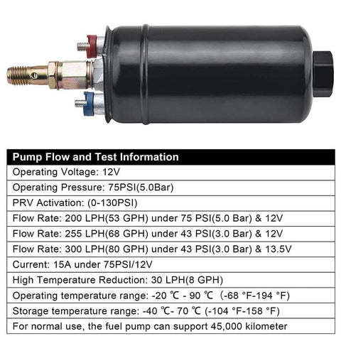 External Fuel Pump 300LPH High Flow 12V 145psi Universal Fit for AN10 Inlet / AN6 Outlet