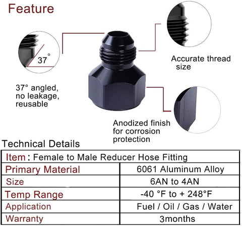 Female AN6 to Male AN4 Flare Reducer Hose Fitting Adapter Black