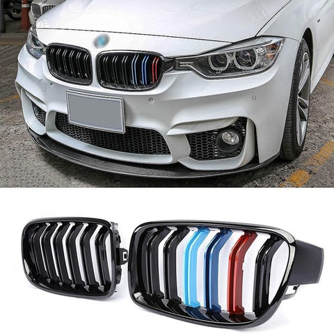 SPELAB SNA Chrome Diamond F30 Grill, Front Kidney Grille for 2012-2018 BMW 3 Series F30 F31 (ABS Gloss Black Grills/Tri-Color, 2-pc Set)