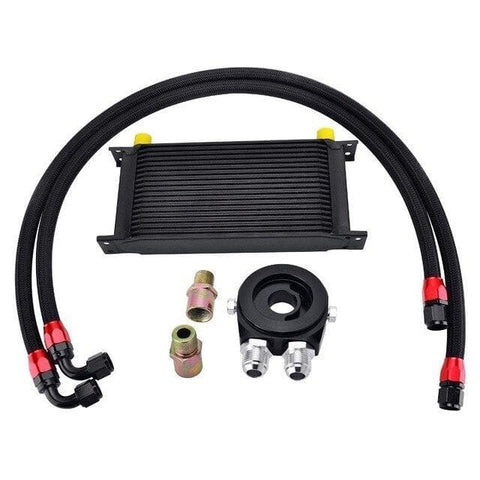 SPELAB Universal 19 Row AN10 Engine Oil Cooler Nylon Braided Oil Hose Line Oil Adapter Filter Cooler Plate Kit Black-SPELAB