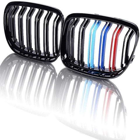 runmade Glossy Black M-Color Double Line Front Kidney Grille Grill Compatible with BMW 2009-2012 E90 E91 323i 325i 328i 330i 335i LCI Sedan