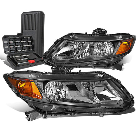 2012-2015 Honda Civic Pair Black/Amber Signal Headlight Lamp LH+RH+Tool Box