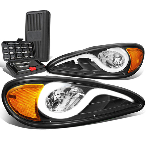 1999-2005 Pontiac Grand AM LED Black Amber Signal Headlight Lamps+Tool Box