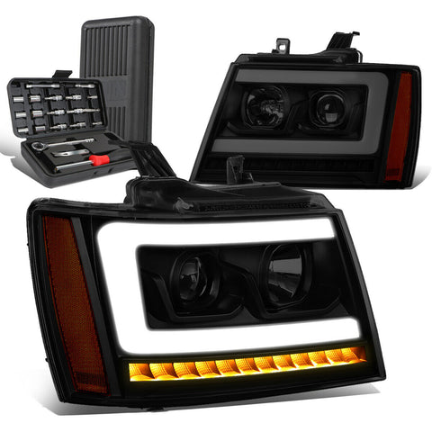 2007-2014 Tahoe Suburban 3D LED Tube Sequential Projector Headlight+Tool Box