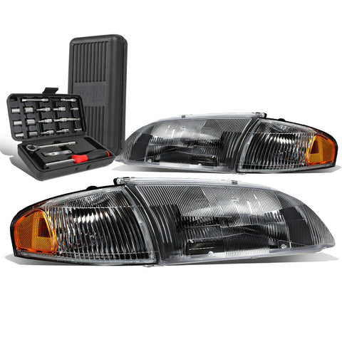 1998-1999 Mazda 626 Pair Black Housing Amber Side Headlight Lamps+Tool Box