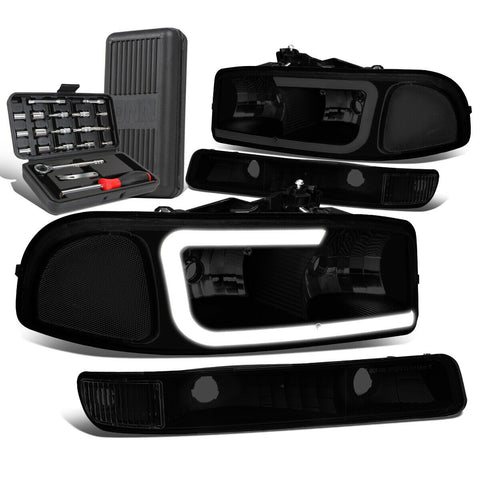 1999-2007 Sierra Yukon LED Bar Headlight Bumper Lamps+Tool Box Tinted/Clear