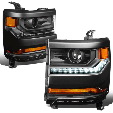 16-19 Chevy Silverado 1500 Black Amber Side LED Projector Headlights Lamps