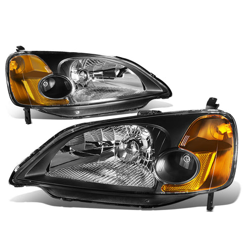 2001-2003 Honda Civic DX EX GX HX LX Black/Amber Corner Headlight Headlamps