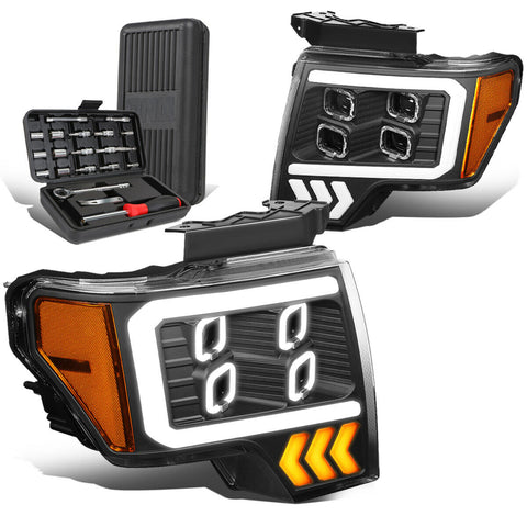 2009-2014 d F-150 LED DRL Halo Black Amber Projector Headlights+Too