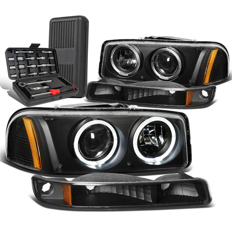 1999-2006 Sierra Dual Halo Projector Headlight w/Bumper Lamps+Tool Box Black