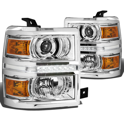 2014-2015 Chevy Silverado Chrome Amber Projector Headlight/Lamp w/LED DRL