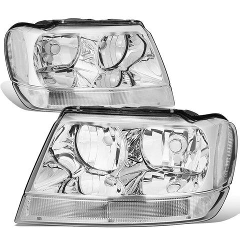 1999-2004 Jeep Grand Cherokee Chrome Housing Clear Corner Headlight/Lamp Set