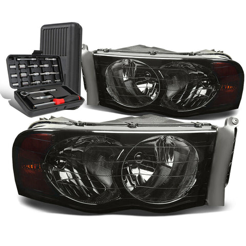2002-2005 Dodge Ram Pickup Pair Smoked/Amber Signal Headlight Lamps+Tool Box