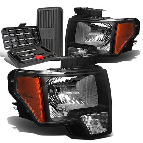 2009-2014 d F150 Pickup Pair Black/Amber Signal Headlight Lamps+Tool Box