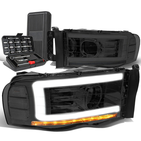 2002-2005 Dodge Ram LED DRL Tube Smoked Clear Projector Headlights+Too