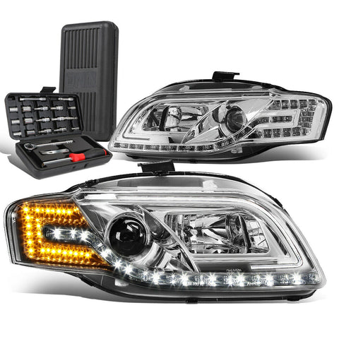 2005-2008 Audi A4 S4 Quattro LED DRL Bar Projector Headlight+Tool Box Chrome