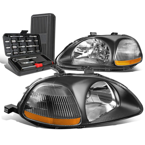1996-1998 Honda Civic Pair Black/Amber Signal Headlight Head Lamp+Tool Box
