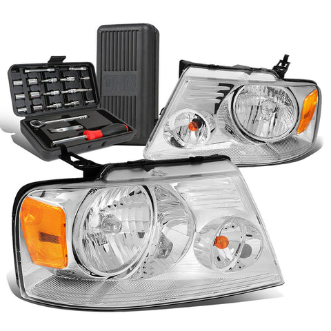 2004-2008 d F150 Pickup Pair Chrome/Amber Signal Headlight Lamps+Tool Box
