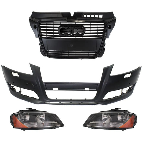Headlight Kit For 2009-13 Audi A3 Quattro L R Halogen with Bumper Cover & Grille