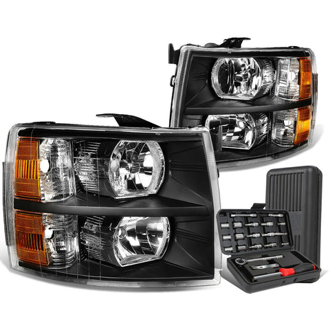 2007-2014 Chevy Silverado Pair Black/Amber Signal Headlight Lamps+Tool Box