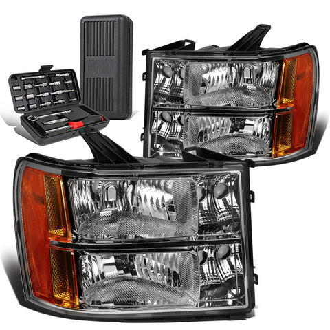 2007-2013 GMC Sierra 1500 Pair Chrome/Amber Signal Headlight Lamps+Tool Box