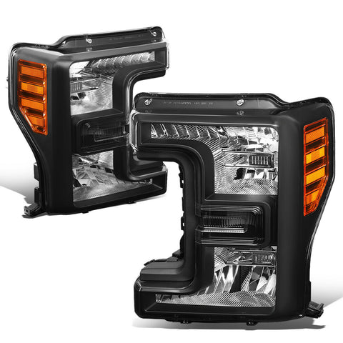 17-19 F250 F350 Super Duty Black Housing Amber Side Driving Headlight Lamps