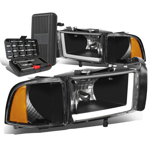 1994-2002 Dodge Ram LED DRL Bar Black/Amber Signal Headlight Lamps+Tool Box
