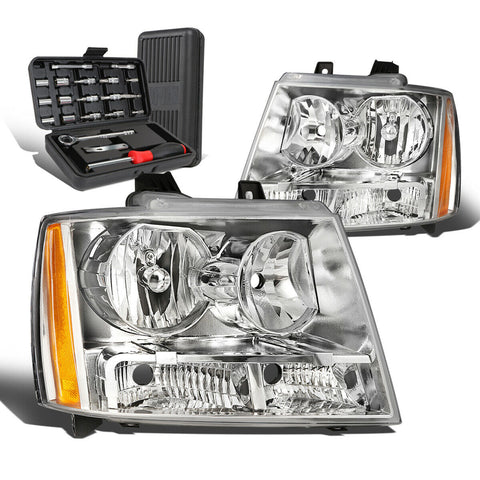 2007-2014 Chevy Tahoe Suburban 2Pcs Chrome/Amber Signal Headlights+Too