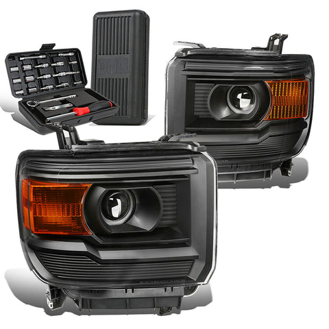 2014-2018 Sierra 1500 Pair Black/Amber Signal Projector Headlight+Tool Box