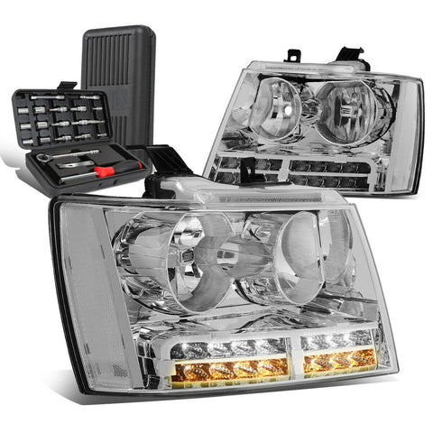 2007-2014 Tahoe Suburban LED DRL Tube Chrome Clear Side Headlights+Too