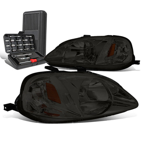 1999-2000 Honda Civic Pair Smoked/Amber Signal Headlight Head Lamp+Tool Box