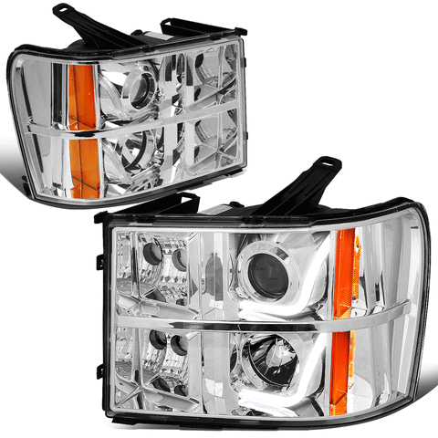 2007-2014 GMC Sierra Chrome Amber Signal 3D LED Bar Projector Headlights