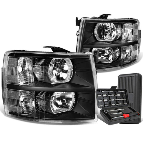 2007-2014 Chevy Silverado Pair Black/Clear Signal Headlight Lamps+Tool Box