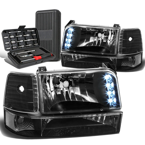 1992-1996 d F-Series LED DRL Black Clear Bumper Headlight Lamps+Tool Box