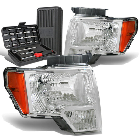 2009-2014 d F150 Pickup Pair Chrome/Amber Signal Headlight Lamps+Tool Box