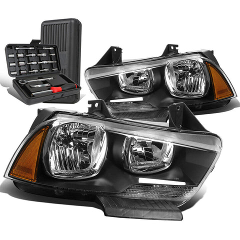 2011-2014 Dodge Charger Pair Black Housing Amber Signal Headlight+Tool Box