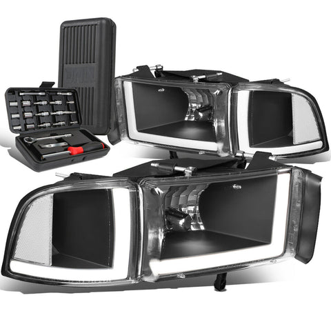 1994-2002 Dodge Ram Truck LED DRL Black Clear Side Headlight Lamps+Tool Box