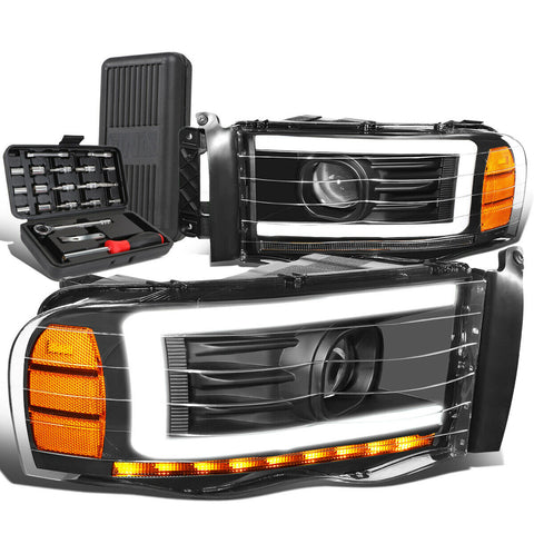 2002-2005 Dodge Ram LED DRL Tube Black Amber Projector Headlights+Too