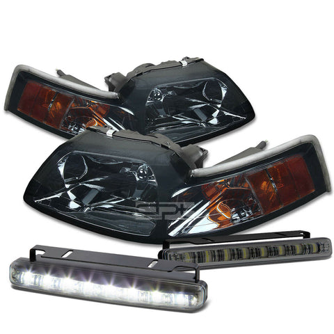 SMOKED HOUSING HEAD+AMBER CORNER+LED FOG LIGHT KIT  99-04 D MUSTANG PONY