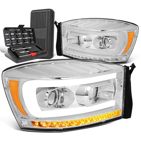 2006-2009 Dodge Ram LED Sequential Chrome Amber Projector Headlight+Tool Box