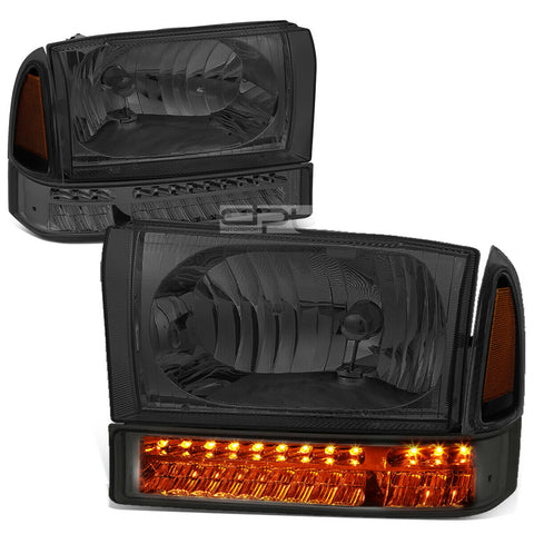 1999-2004 d Super Duty Pair Smoked/Amber Headlgiht+LED Turn Signal Lamps